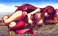 drawing giantess giga city long_hair destruction huge_breasts smiling red_hair lying_down unknown_artist looking_down poking skimpy_clothing