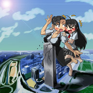 drawing giantess city black_hair large_breasts long_hair destruction barefoot buildings surprised giantesses outdoors pushing hair_bun