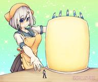 drawing white_hair blushing large_breasts skirt smiling cake short_hair shrunken_man apron candles no_background kantai_collection hamakaze hollewdz