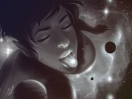 drawing giantess giga space monochrome long_hair tongue imminent_vore resizestuff