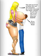 drawing panties blonde long_hair huge_breasts mini_giantess nylons looking_down hugging ripped_clothing dialogue discarded_shoes no_background