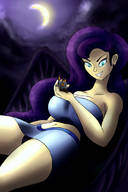 drawing large_breasts long_hair handheld purple_hair castle smiling unknown_artist fangs looking_down night sharp_nails