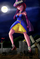 drawing giantess crush long_hair destruction clothed brunette castle smiling gloves looking_down night houses outdoors cape colonel-gabbo