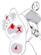 drawing giantess crush monochrome barefoot huge_breasts blood short_hair unknown_artist raised_foot no_background