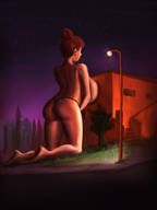 giantess panties huge_breasts unknown_artist kneeling night outdoors hair_bun
