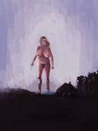 drawing giantess panties large_breasts topless sandals walking houses outdoors