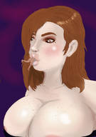 drawing vore long_hair cleavage saliva huge_breasts brunette freckles no_background ogrevorasse