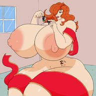 drawing long_hair huge_breasts red_hair unknown_artist sitting indoors undressing thick_thighs skimpy_clothing