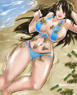 bikini drawing giantess mega black_hair beach huge_breasts thighs angelgts on_breasts sandcastle on_thigh