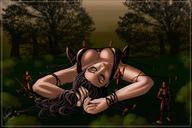 drawing sleeping black_hair long_hair lying_down unknown_artist outdoors trees on_breasts