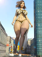 giantess city long_hair brunette unknown_artist walking outdoors skimpy_clothing digital_render