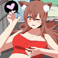 drawing gentle blushing color handheld cleavage cat_ears brunette lying_down cat_girl herretik