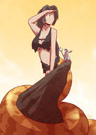 giantess black_hair large_breasts long_hair cleavage glasses ponytail underboob staff snake_girl ripped_clothing pointing no_background