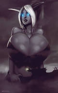 drawing giantess white_hair panties horns cleavage bra huge_breasts underwear world_of_warcraft outdoors draenei glowing_eyes resizestuff