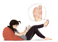 drawing black_hair long_hair toes barefoot soles lying_down bondage unknown_artist tattoo ahoge writing stuck_to_foot no_background