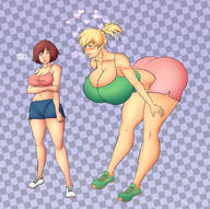 drawing blushing blonde huge_breasts ponytail mini_giantess bending_over looking_down looking_back big_butt thick_thighs no_background