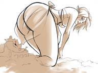 bikini drawing monochrome butt beach short_hair unknown_artist looking_back imminent_crush imminent_butt_crush no_background sandcastle