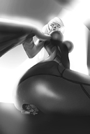breasts drawing giantess blonde monochrome butt_crush samus_aran nintendo shrunken_man looking_down sci-fi metroid skin_tight_clothes skin_tight_suit resizestuff
