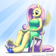 drawing furry anthro long_hair barefoot smiling pink_hair dress mini_giantess bondage sitting looking_down footjob my_little_pony fluttershy no_background drjavi