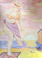 bikini giantess long_hair beach barefoot red_hair unknown_artist walking outdoors hat sunset umbrella