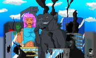 drawing giantess city color long_hair destruction blue_eyes claws pink_hair godzilla muscles abs monster_girl thumb sayerraider
