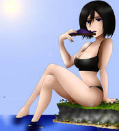 giantess black_hair beach underwear short_hair sitting boats houses outdoors paper_fan