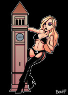 drawing giantess blonde long_hair high_heels boots clock_tower no_background skimpy_clothing benh2