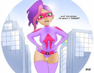 drawing city large_breasts long_hair purple_hair unknown_artist looking_down mask outdoors dialogue thick_thighs skintight_clothing