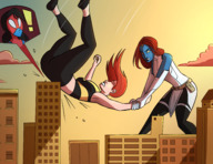 breasts drawing giantess city mega black_hair color long_hair butt buildings yellow_eyes gloves asian red_hair blue_skin fighting skyscraper giantesses mask avengers costume top new_york_city belt x-men imminent_crush impending_doom mary_jane mystique spider-man marvel_comics cutaway cindy_moon silk bare_midriff caiman2 earth_20052 spider_woman