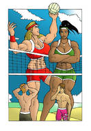 drawing blonde black_hair long_hair beach volleyball mini_giantess unknown_artist muscles dark_skin outdoors