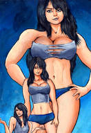 drawing growth black_hair large_breasts long_hair cleavage mini_giantess unknown_artist ripped_clothing hands_on_hips no_background shrugging