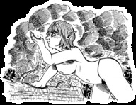 drawing giantess monochrome large_breasts handheld short_hair looking_down freckles pointed_ears opal labbaart