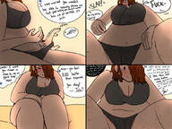 drawing comic large_breasts brunette underwear low_angle short_hair sitting shrunken_man indoors dialogue panels no_background sweaterpupster