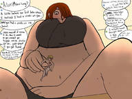 drawing large_breasts long_hair brunette underwear shrunken_man looking_down dialogue sweaterpupster