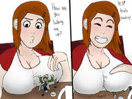 drawing long_hair cleavage huge_breasts breast_crush brunette shrunken_man looking_down lifting panels no_background sweaterpupster