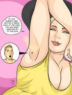 drawing giantess blonde color large_breasts clothed sweat walking shrunken_man trapped hat smelly dialogue armpits