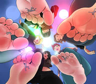 drawing blonde black_hair toes barefoot soles brunette low_angle smiling red_hair unknown_artist shrunken_man giantesses pinned under_foot tinies pointed_ears mansquishers