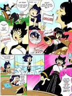 drawing comic black_hair color large_breasts cleavage cake short_hair unknown_artist open_mouth outdoors kali dialogue panels rwby blake_belladonna fly_swatter