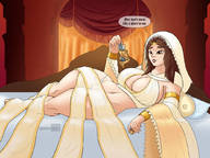 drawing giantess color long_hair handheld cleavage huge_breasts brunette lying_down between_fingers dialogue dark_souls thick_thighs pinched gwynevere bentobox