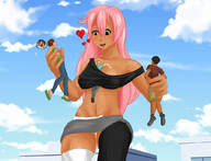 drawing panties city upskirt large_breasts long_hair handheld skirt buildings smiling pink_hair unknown_artist heart looking_down dark_skin outdoors between_breasts
