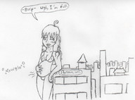 bikini drawing vore city monochrome long_hair unknown_artist full outdoors dialogue no_background