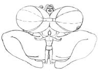 drawing giantess panties monochrome long_hair bra huge_breasts underwear low_angle pointing no_background