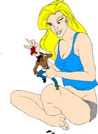 drawing blonde large_breasts long_hair handheld unknown_artist sitting shorts shrunken_man top no_background