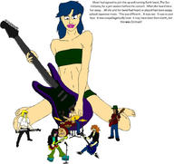 drawing giantess long_hair blue_hair story guitar microphone no_background skimpy_clothing drums