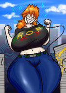 giantess city long_hair huge_breasts smiling red_hair outdoors thick_thighs