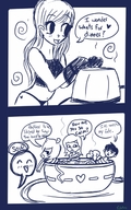 drawing vore comic monochrome long_hair open_mouth bowl dialogue panels noodles imminent_vore poctopuss