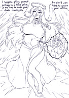 drawing vore wings monochrome long_hair barefoot huge_breasts unknown_artist inside_stomach halo dialogue thick_thighs cutaway