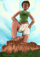 giantess toes barefoot brunette short_hair walking looking_down forest dark_skin outdoors hoop_earrings raised_foot hands_on_hips gtsleuth daphne_fontaine