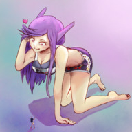 drawing giantess color purple_hair smiling shrunken bending_over short_shorts crouch