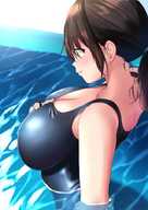 giantess large_breasts swimsuit brunnette climbing shrunken_man swimming hanging_on